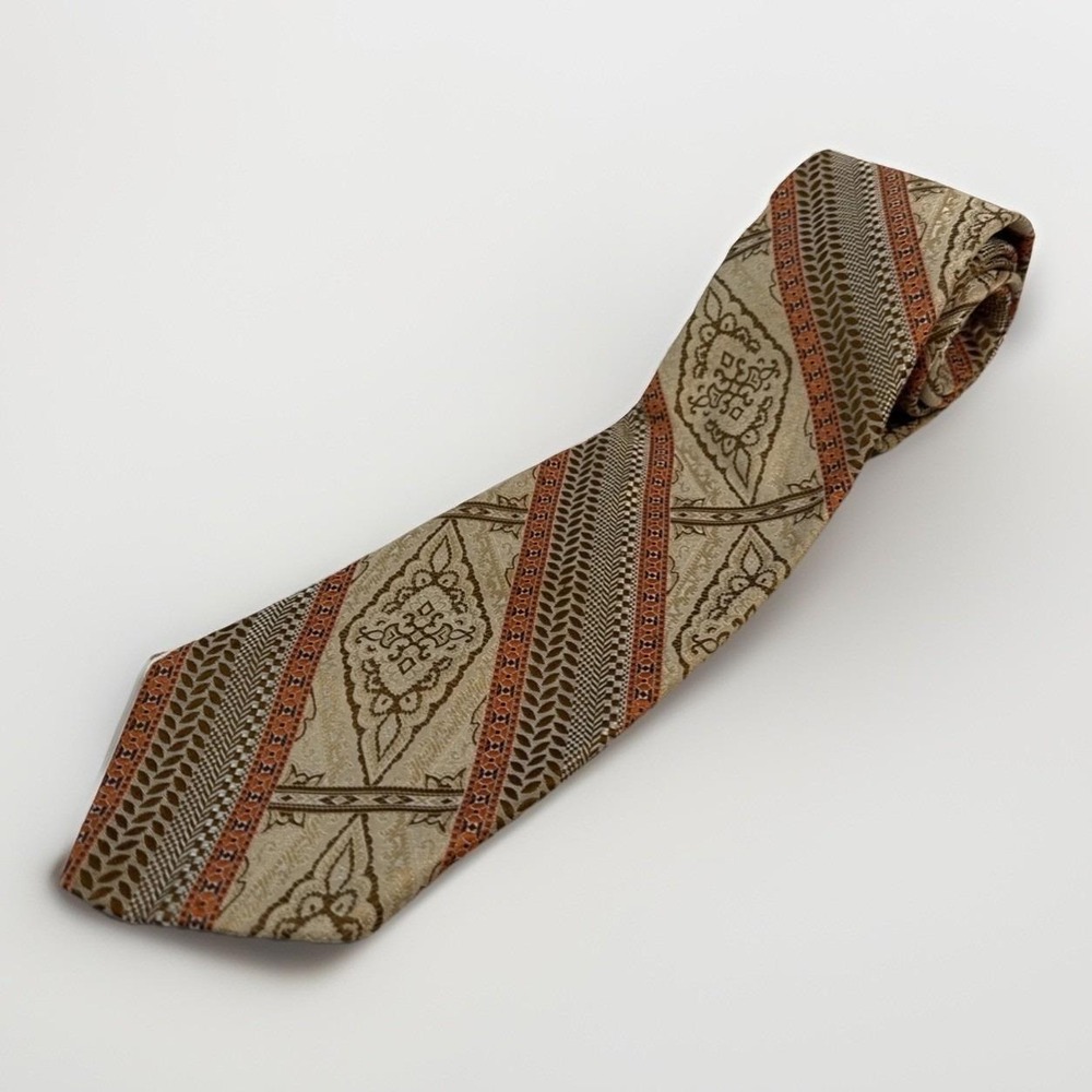 Vintage Men's Tan Rust Brown Geometric & Diagonal Stripe Tie 70s